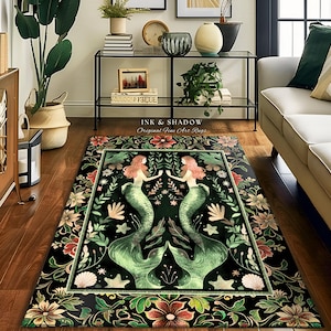 Enchanted Ocean Mermaid Floral Sea Life Rug | Vintage Emerald Green Whimsical Coastal Cottagecore Art Nouveau Underwater Fantasy Ocean Decor 画像 4