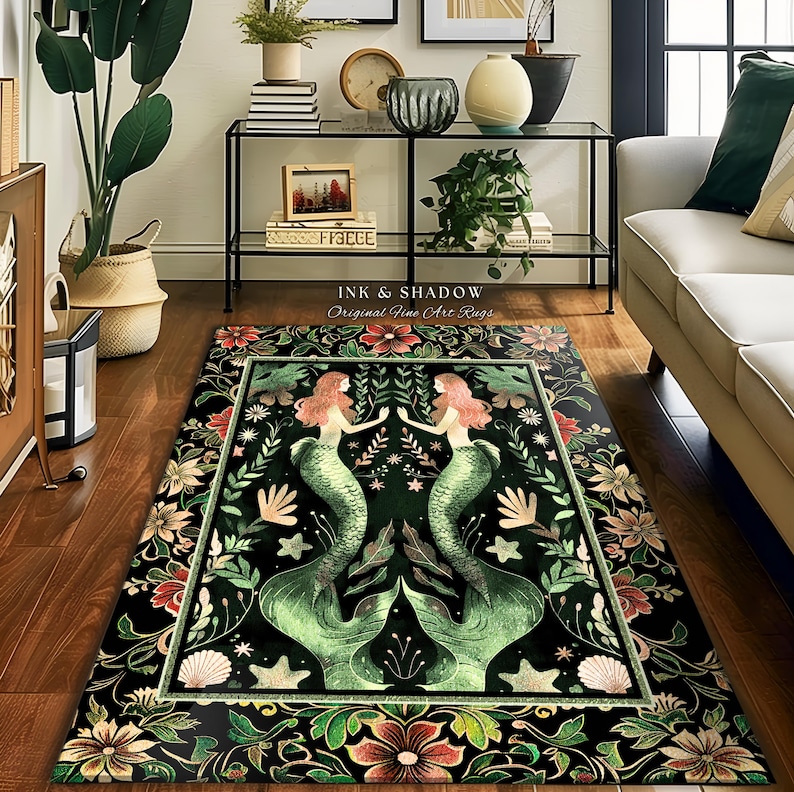 Enchanted Ocean Mermaid Floral Sea Life Rug | Vintage Emerald Green Whimsical Coastal Cottagecore Art Nouveau Underwater Fantasy Ocean Decor 画像 4