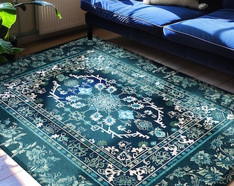 Deep Sea Green Room Accent Rug | Classic Ornate Statement Rug With Blue Green Detail Bohemian Mandala Aesthetic For Cozy Hippie Room Boho |