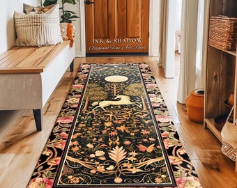 Princesscore Unicorn Runner Rug Folklore Aesthetic Whimsical Decor, Mystic Magical Moon Celestial Art Cottagecore Fairycore Fairytale Accent