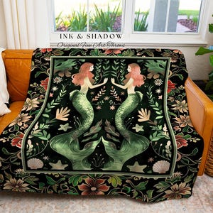 Enchanted Ocean Mermaid Floral Sea Life Blanket Emerald Green Whimsical Coastal Cottagecore, Art Nouveau Underwater Fantasy Tapestry Throw imagen 6