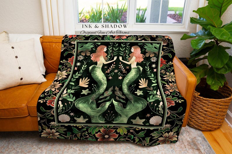 Enchanted Ocean Mermaid Floral Sea Life Blanket Emerald Green Whimsical Coastal Cottagecore, Art Nouveau Underwater Fantasy Tapestry Throw imagen 6