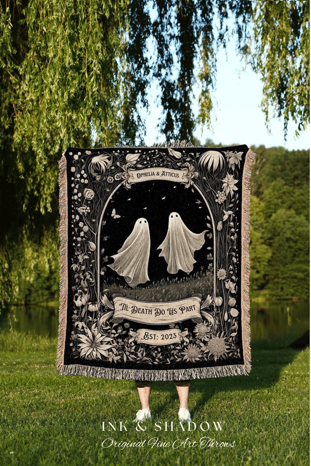 Personalized Skull Couple Fringe Blanket - Gift Idea For Couple/Halloween - Till Death Do Us Part