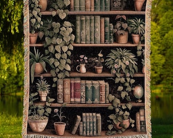 Dark Academia Woven Tapestry Blanket Vintage Library Decor Botanical Cottagecore Bookshelf Throw | Gothic Cottage Cozy Reading Nook Decor