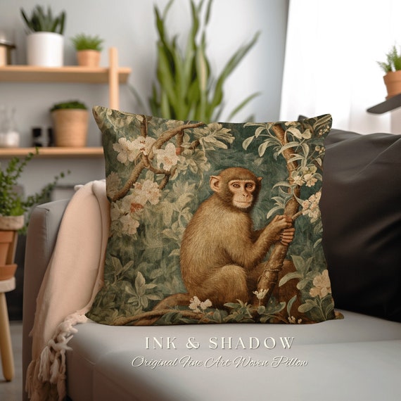 Eclectic Bedroom Accent Pillow | William Morris Inspired  Colorful Monkey and Floral Tapestry Pillow main image 0