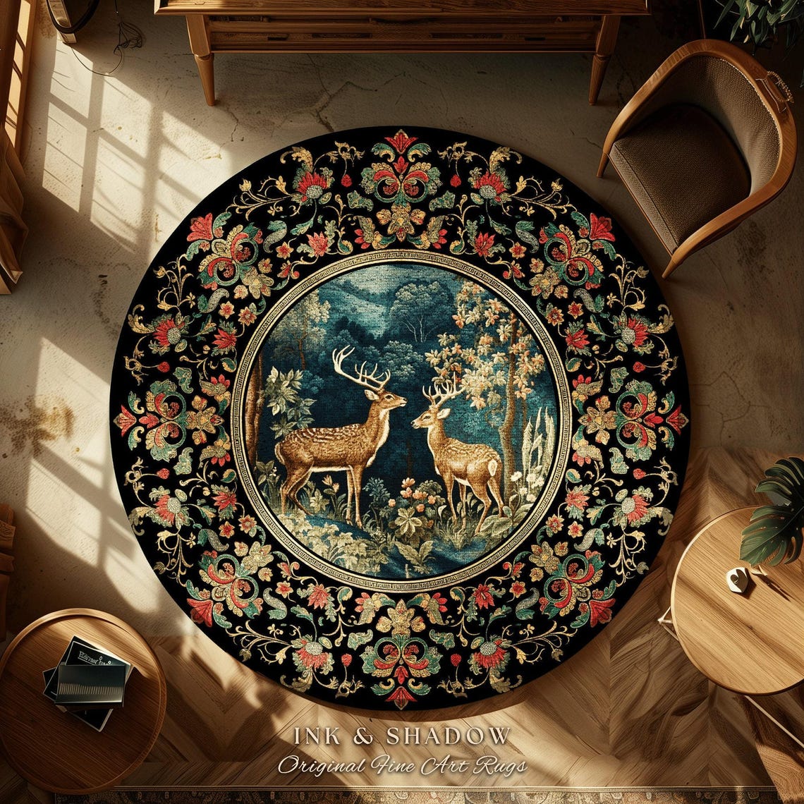 Enchanted Forest Deer Rug Round Vintage Aesthetic Dark Floral Woodland ...