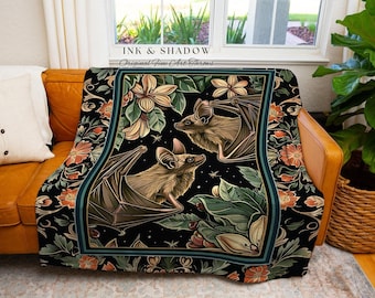 Botanical Vintage Bat Tapestry Blanket Woven Wall Hanging | Bat Decor Dark Academia Room Decor Goth Tapestry Woven Throw Blanket Whimsigoth