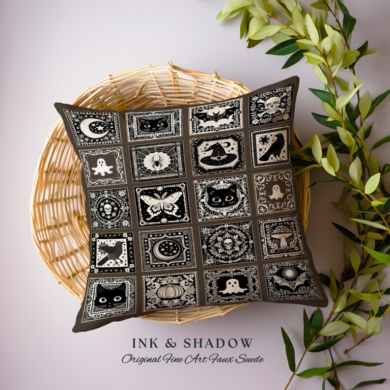 May include: A brown throw pillow with a black and white pattern of various Halloween-themed images, including bats, ghosts, spiders, and pumpkins. The pillow is made of faux suede and has the text "INK & SHADOW Original Fine Art Faux Suede" printed on the bottom.