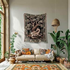 Dragon Lover Tapestry Blanket | Medieval Aesthetic Fairytale Nursery Decor Morris Style Cottagecore Fairycore Woven Throw Tapestry Gothic |