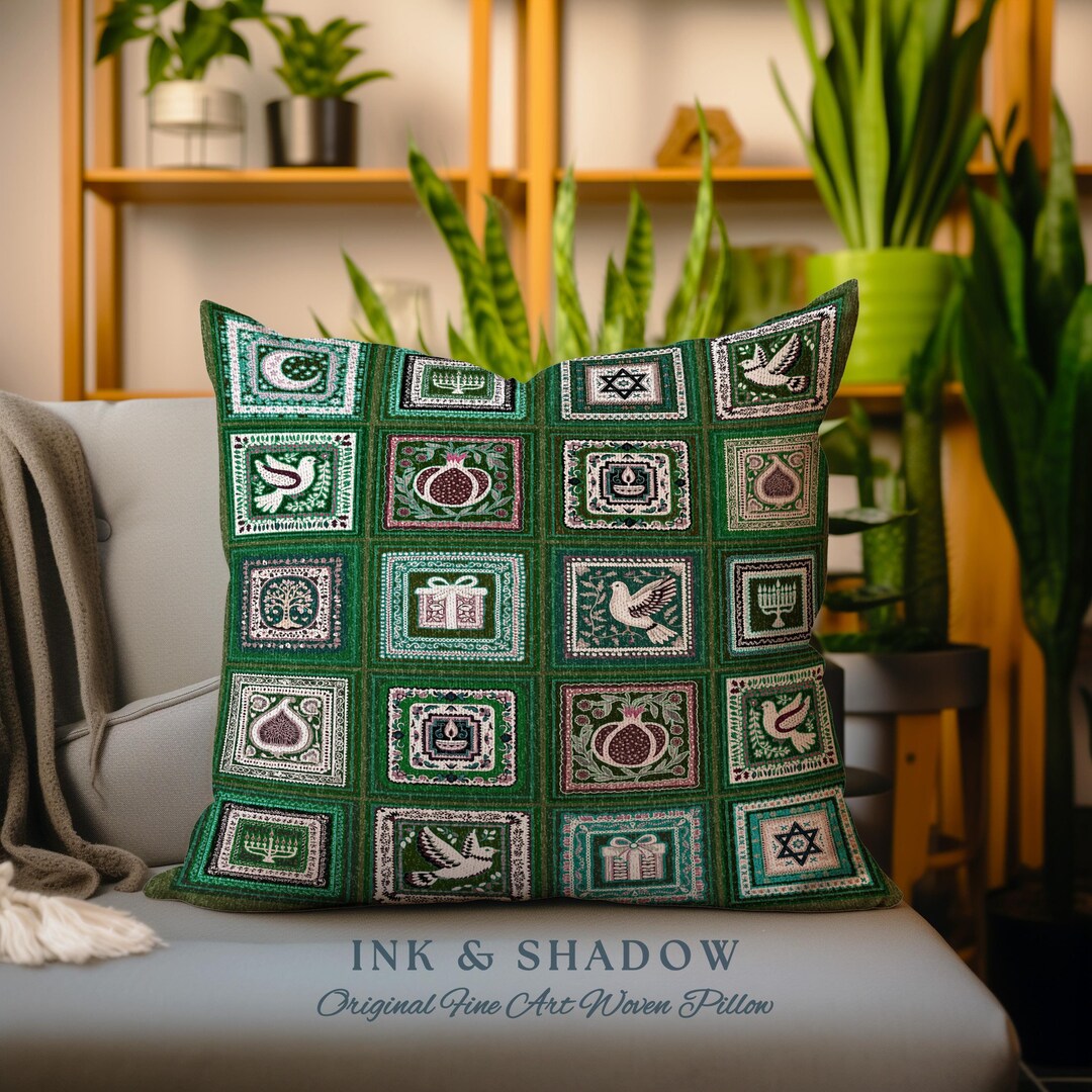 Eclectic Emerald Green Judaica Heritage Tapestry Cushion Jewish Holiday ...