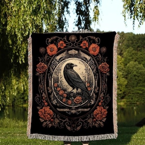 Goth Aesthetic Blanket Woven Wall Hanging | Gothic Home Decor Dark Academia Tapestry Dark Cottagecore | Vintage Occult Tapestry Crow Decor image 2