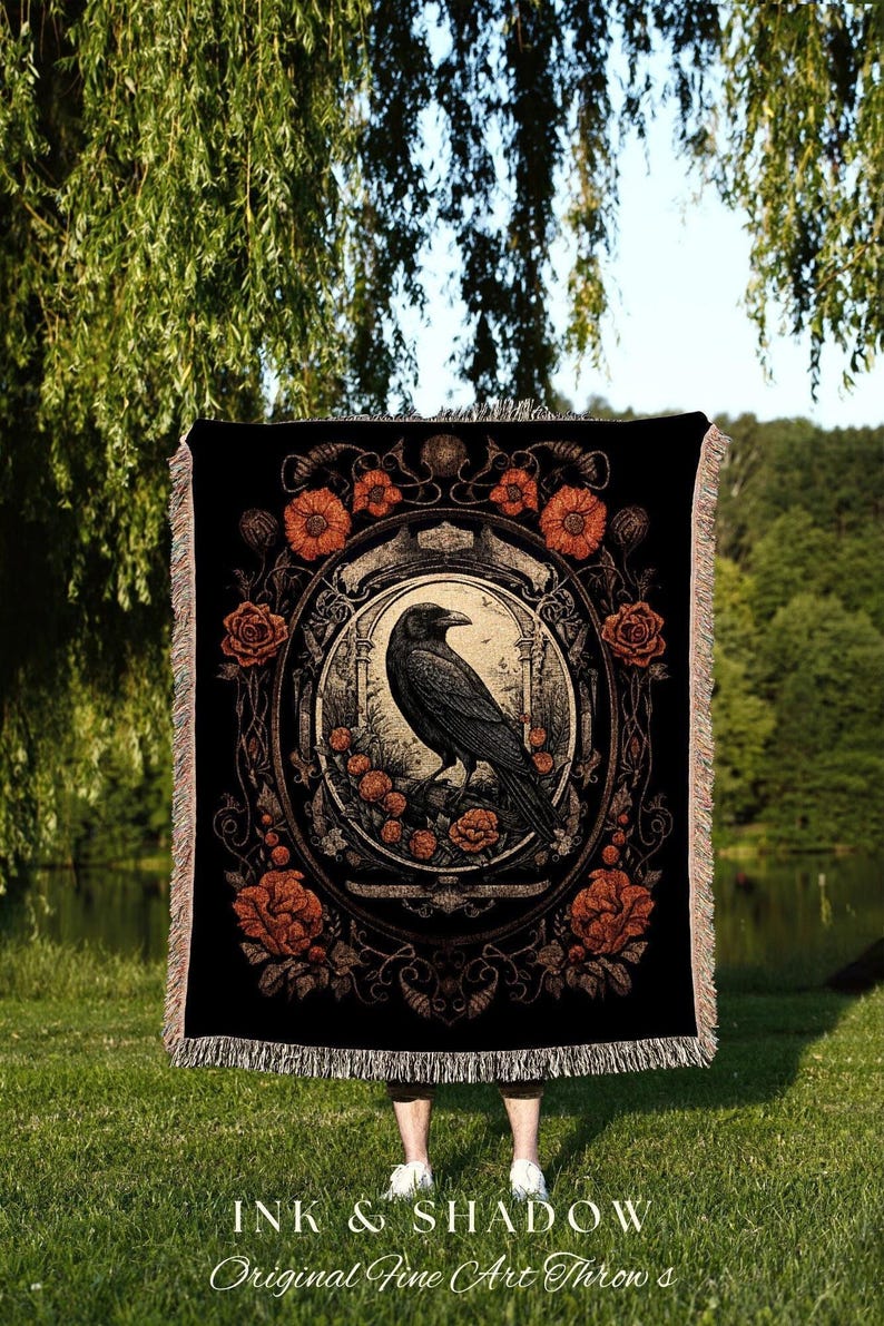 Goth Aesthetic Blanket Woven Wall Hanging | Gothic Home Decor Dark Academia Tapestry Dark Cottagecore | Vintage Occult Tapestry Crow Decor image 2