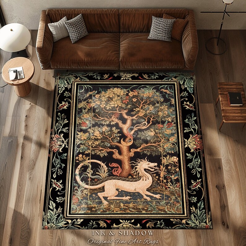 Medieval Dragon Rug | Nordic Home Decor Morris Style Bedroom Fairy Core Aesthetic Maximalist Gift for Goths Woodland Cottagecore Dragon Art