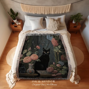 Floral Cat Blanket Woven Tapestry Gothic Decor | Dark Floral Black Cat Woven Blanket Fine Art Wall Art Funny Tapestry Whimsigoth Room Decor image 2