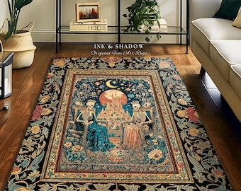 May include: Rectangular area rug with a dark floral border and a central design featuring two skeletons seated on thrones. The rug has a blue background with a castle, moon, and stars. The text "INK & SHADOW Original Fine Art Rugs" is visible.
