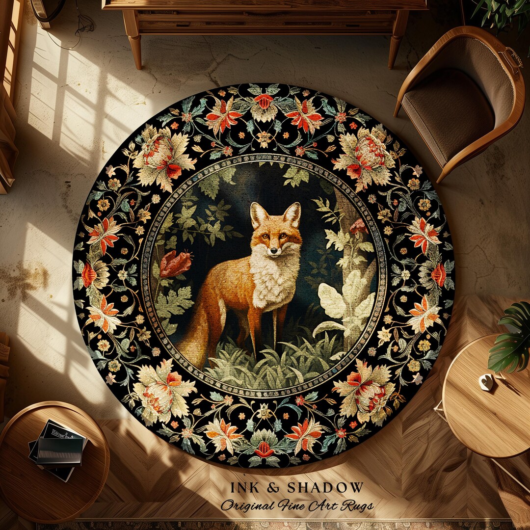Mystical Forest Woodland Cottagecore Round Fox Botanical Rug | Ornate ...