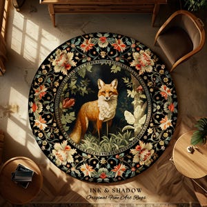 Mystical Forest Woodland Cottagecore Round Fox Botanical Rug | Ornate Botanical Morris Inspired Floral Forest Rug Fairycore Whimsical Decor