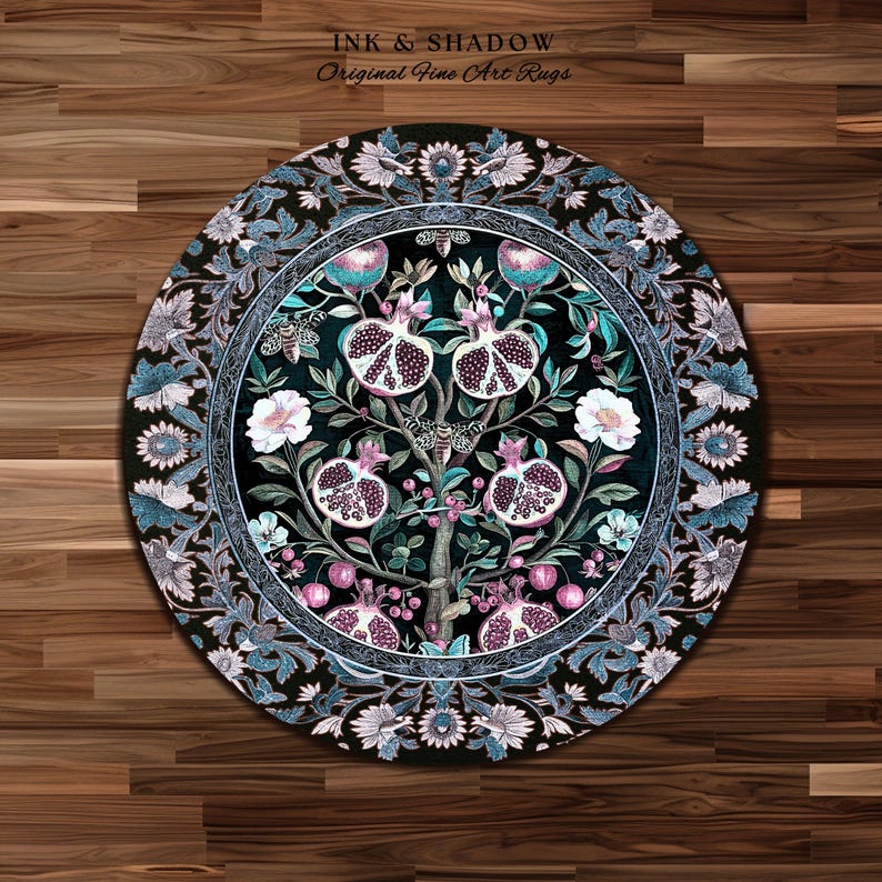 Enchanted Floral Pomegranate Rug Whimsigothic Botanical Witch Cottagecore Decor, Witchy Dark Academia Indigo Blue Forestcore Art Nouveau Rug imagem 17
