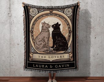Custom Tarot Cat Tapestry | Cat Couple Tarot Card Blanket Personalized Anniversary Gift | Celestial Art Nouveau Tarot Card Custom Couples |