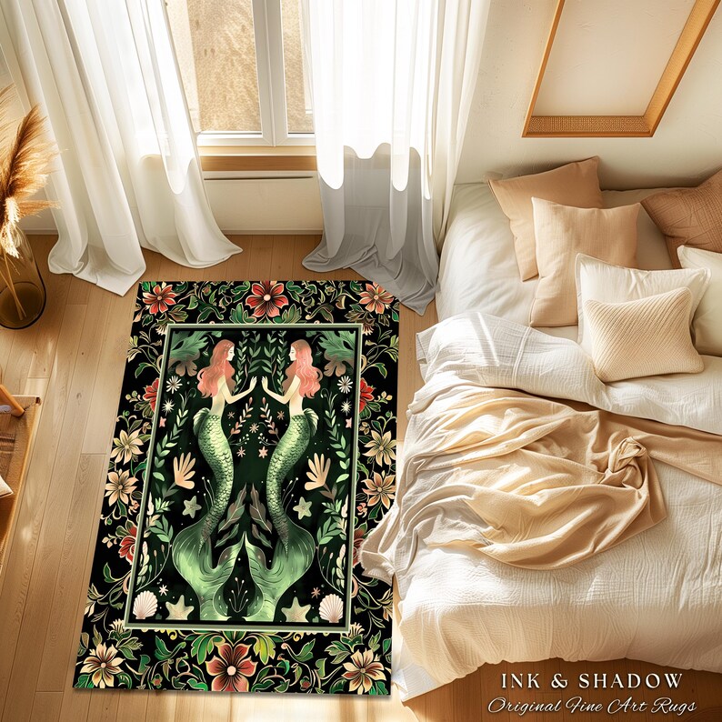 Enchanted Ocean Mermaid Floral Sea Life Rug | Vintage Emerald Green Whimsical Coastal Cottagecore Art Nouveau Underwater Fantasy Ocean Decor 画像 10