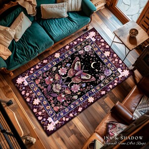 Purple Moth Celestial Rug Boho Fairycore Dark Floral Decor | Enchanted Fairy Cottagecore Butterfly Lovers Moth Moon Rug Whimsical Goth Gift Bild 11
