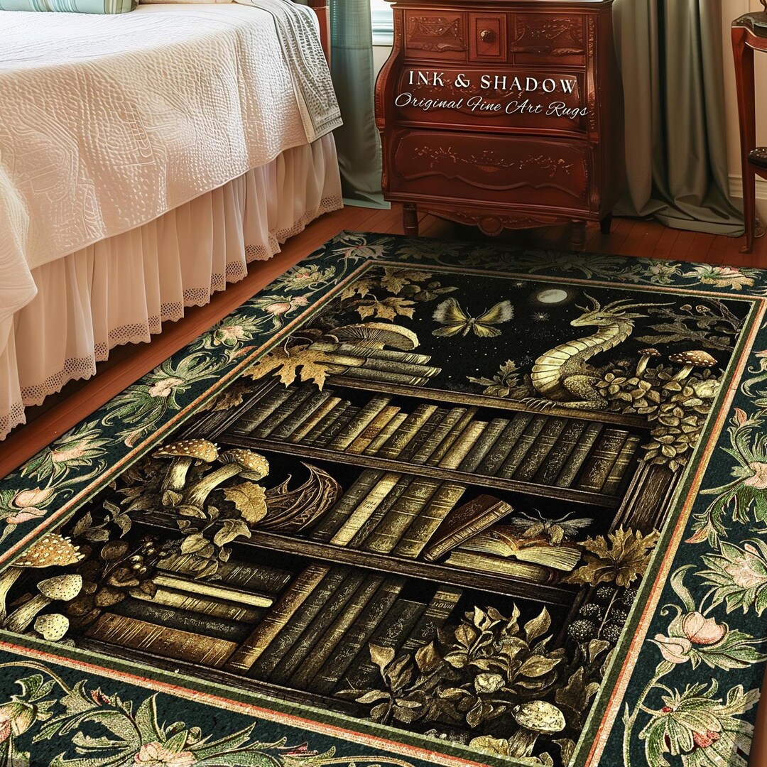 Enchanted Library Dragon Rug Mystical Dark Academia Bookshelf Fantasy ...