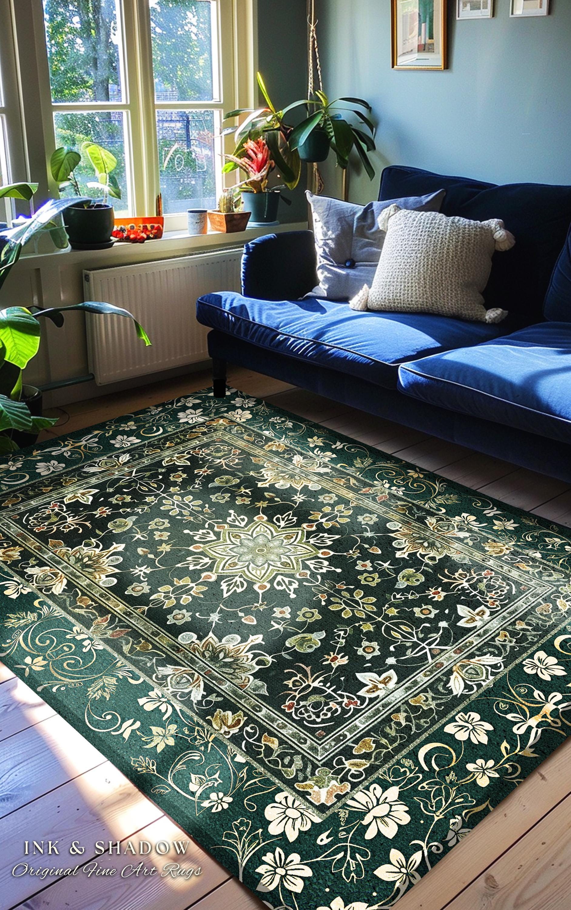 Moody Emerald Green Area Rug | Persian Green Floor Rug Ornate Rug