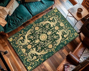 Bohemian Aesthetic Dark Green Area Rug | Baroque Emerald Green Victorian Home Accent Rug Floral Elegance Ornate Classical Ornamental Style |