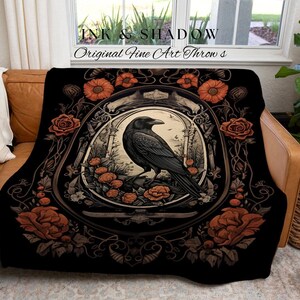 Goth Aesthetic Blanket Woven Wall Hanging | Gothic Home Decor Dark Academia Tapestry Dark Cottagecore | Vintage Occult Tapestry Crow Decor image 6
