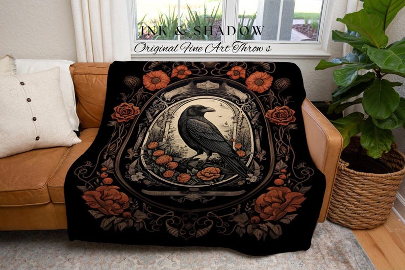 Goth Aesthetic Blanket Woven Wall Hanging | Gothic Home Decor Dark Academia Tapestry Dark Cottagecore | Vintage Occult Tapestry Crow Decor image 6