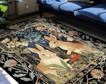 Bunnies in the Woodland Rug | Spring Bunnies Room Decor William Morris Inspired Forest Aesthetic Fairycore Bedroom Floral Bunny Victorian