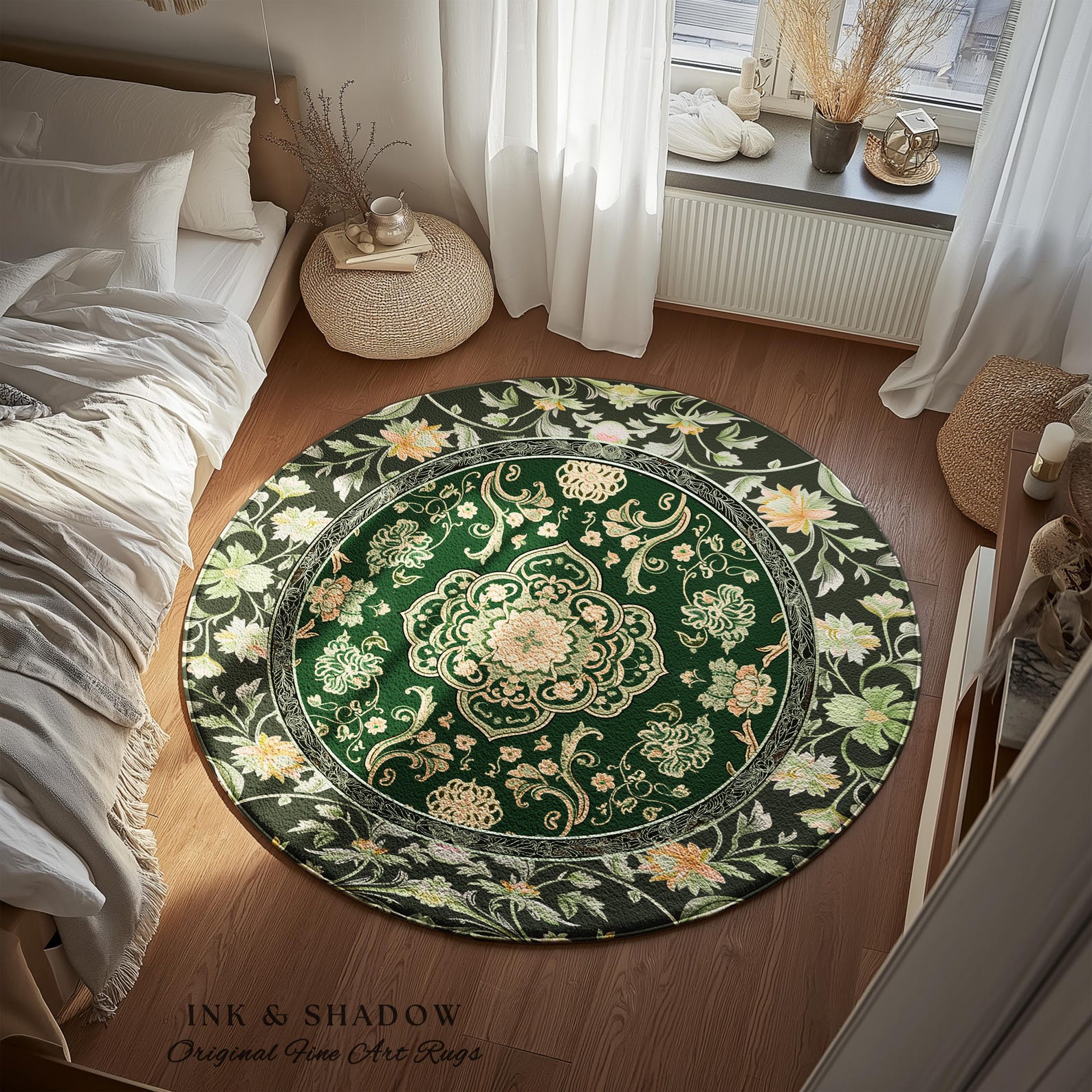 Peachy Rustic Rug Emerald Accent Rug for Living Room | Classic Ornate Statement Rug With ...