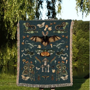 Dark Cottagecore Decor Gothic Tapestry | Goblincore Decor Goth Tapestry Teal Blanket Throw | Witchy Decor Bedroom Goth Blanket Woven Throw image 1