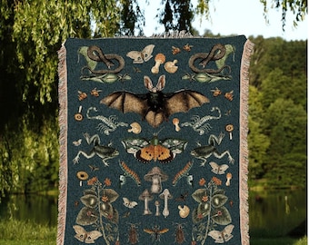 Dark Cottagecore Decor Gothic Tapestry |  Goblincore Decor Goth Tapestry Teal Blanket Throw | Witchy Decor Bedroom Goth Blanket Woven Throw