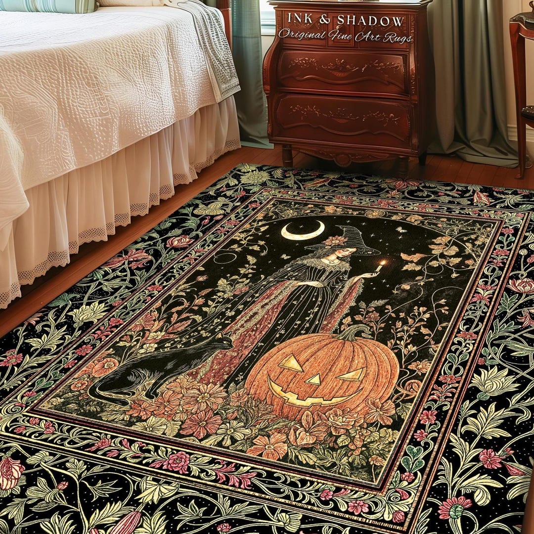 Goth Rug Background Halloween Gothic Witchcraft Area Rug | Ornate Gothic Black Cat Folklore ...