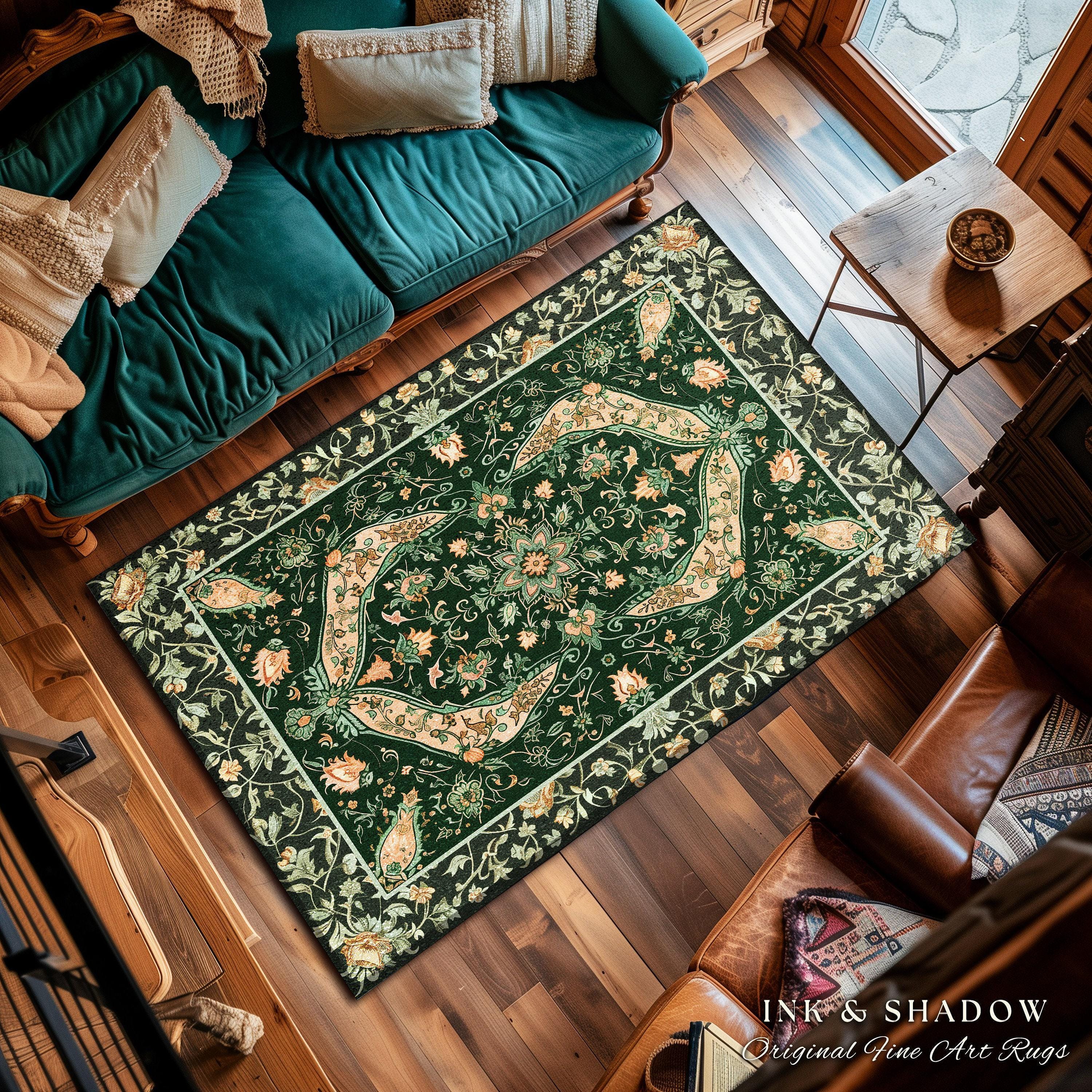 Elegant Sea Green Area Rug | Classic Ornate Statement Rug With