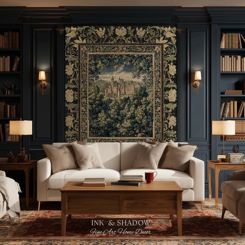 May include: A rectangular wall tapestry featuring a detailed landscape of a castle surrounded by dense forest, framed by a decorative floral border in shades of green, gold, and black. The text "INK & SHADOW Fine Art Home Decor" is visible.
