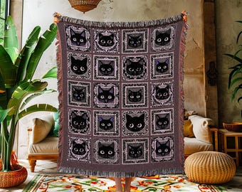 Gothic Black Cat Woven Tapestry Blanket | Rustic Purple Halloween Book Nook Decor Cozy Home Accent Dark Academia Aesthetic Cat Lover Gift |