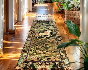 Medieval Unicorn Runner Rug Dark Woodland Aesthetic, Enchanted Forest Decor, Whimsical Magic Cottagecore Mystic Fairytale Forestcore Accent