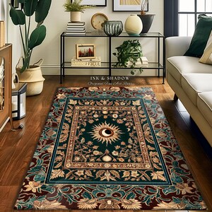 Moon and Sun Ethereal Bohemian Rug | Celestial Tarot Aesthetic Zodiac Inspired Floral Maximalist Bedroom Ethereal Astrology Witchy Area Rug image 10