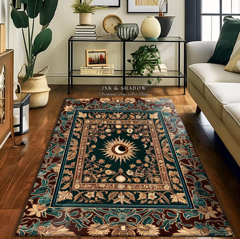 Moon and Sun Ethereal Bohemian Rug | Celestial Tarot Aesthetic Zodiac Inspired Floral Maximalist Bedroom Ethereal Astrology Witchy Area Rug image 10