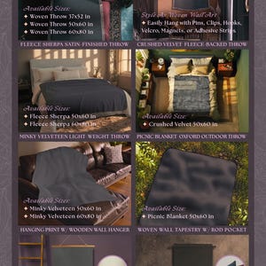 The image is a collage of four images showcasing different signature throw and tapestry wall art collections from the brand Ink & Shadow. The images feature various sizes and styles of wall art, including woven throw and tapestry wall art, as well as signature throw and tapestry wall art. The text in the image provides information about the available sizes and styles, but it does not include any descriptive text about the individual images.