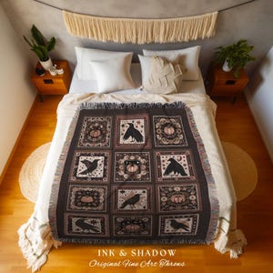 Retro Crow Pumpkin Farmhouse Throw Cottagecore Witch Decor | Vintage Aesthetic Witchy Tapestry Blanket Fall Vibes Maximalist Unique Gift image 2