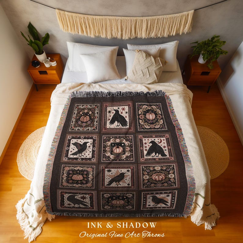 Retro Crow Pumpkin Farmhouse Throw Cottagecore Witch Decor | Vintage Aesthetic Witchy Tapestry Blanket Fall Vibes Maximalist Unique Gift image 2