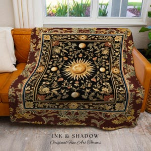 Dark Skies Celestial Throw Blanket | Enchanted Celestial Witchy Astrology Boho Maximalist Decor Sun and Moon Tarot Inspired Woven Tapestry |
