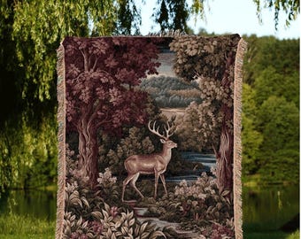Victorian Woodland Deer Blanket | Witchy Tapestry Witchy Decor Cottagecore Gift Crowcore Aesthetic Room Decor Mystical Deer Throw Blanket