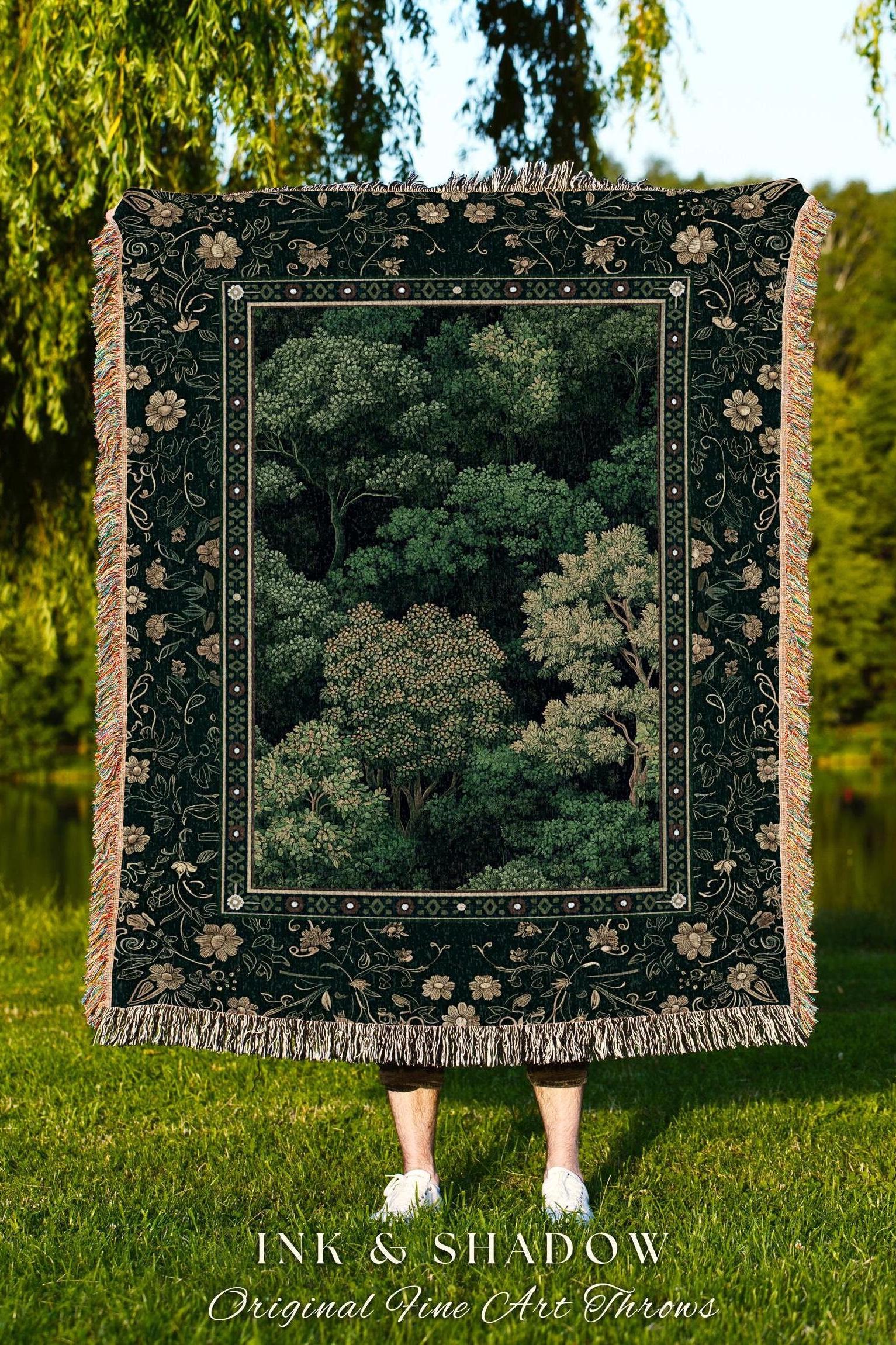 Lush Botanical Green Woven Blanket | Forest Theme Woodsy Aesthetic Living Room Green Home Decor Housewarming Gift Emerald Bedroom Tapestry |