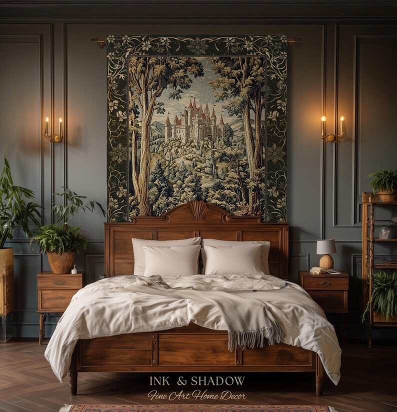 May include: A rectangular wall tapestry featuring a detailed woven scene of a castle nestled within a dense forest, framed by a dark green border with floral motifs. The text "INK & SHADOW Fine Art Home Decor" is printed at the bottom center.