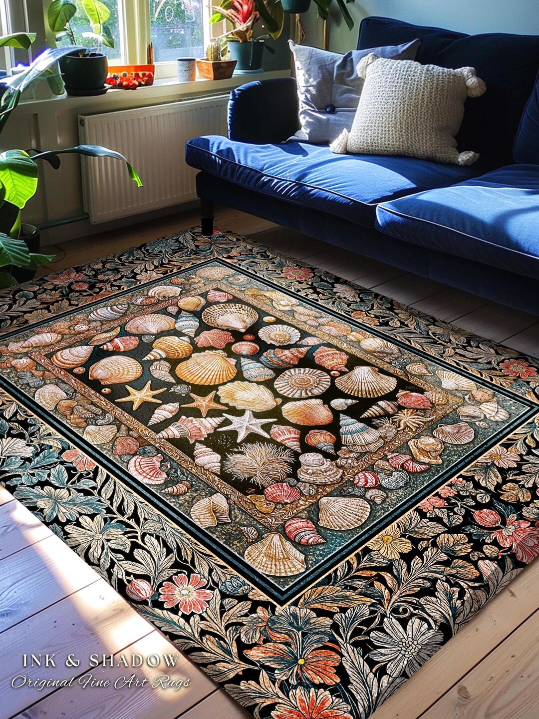 Beachy Throw Rug Whimsical Sea Shell Beachy Area Rug | Rustic Beach House Aesthetic ...