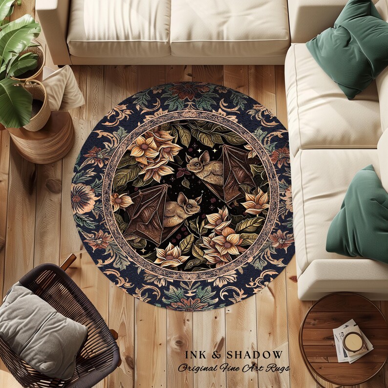 Dark Academia Mystic Bat Rug Woodland Gothic Victorian Decor | Enchanted Forest Bat Lover Nature Rug Celestial Boho Floral Cottagecore Decor image 15